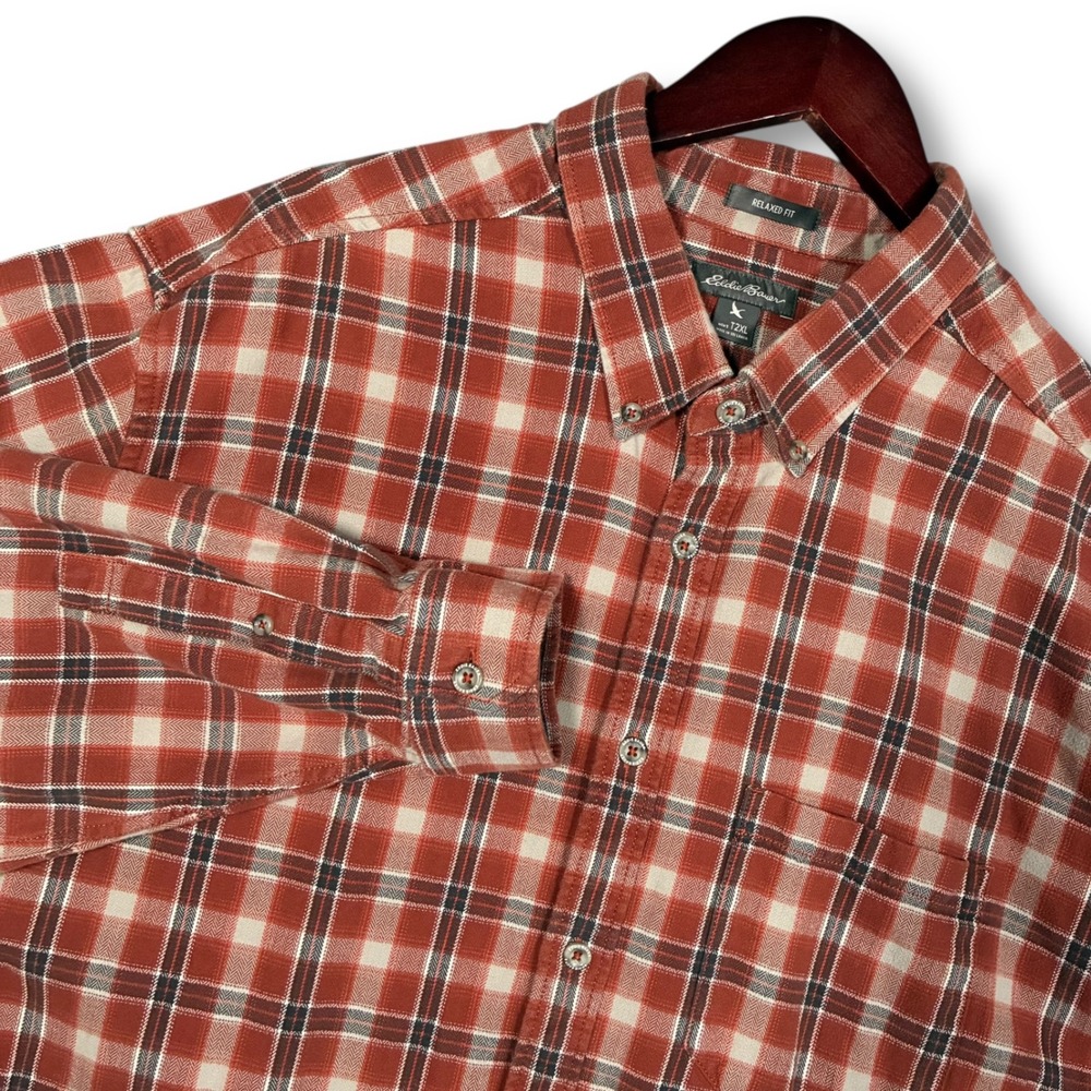 Eddie Bauer Plaid Flannel Relaxed Fit Button Down Shirt‎ Red Men's T2XL